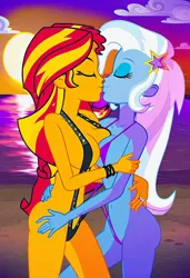 Size: 832x1216 | Tagged: suggestive, ai content, machine learning generated, prompter:tiamatnightmare, sunset shimmer, trixie, human, equestria girls, beach, bikini, clothes, female, humanized, image, jewelry, jpeg, kissing, lesbian, ocean, ring, shipping, sling bikini, sunset, suntrix, swimsuit, wedding ring