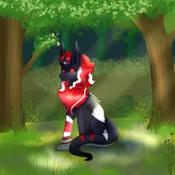 Size: 3000x3000 | Tagged: safe, artist:aasuri-art, derpibooru import, oc, unofficial characters only, hybrid, original species, pony, animal, forest, forest background, fusion, glow, glowing eyes, glowing mane, image, nature, png, solo, summer, sun, tree