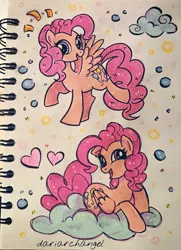 Size: 2652x3666 | Tagged: safe, artist:dariarchangel, derpibooru import, pinkie pie, pegasus, pony, cloud, female, folded wings, g4, heart, image, jpeg, mare, open mouth, pegasus pinkie pie, photo, race swap, sketch, smiling, solo, species swap, spread wings, what could have been, wings