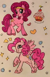 Size: 1320x2048 | Tagged: safe, artist:dariarchangel, derpibooru import, pinkie pie, earth pony, pegasus, pony, alternate design, alternate hairstyle, cherry, cupcake, female, food, g4, image, jpeg, mare, pegasus pinkie pie, race swap, raised hoof, sketch, smiling, spread wings, unshorn fetlocks, what could have been, wings