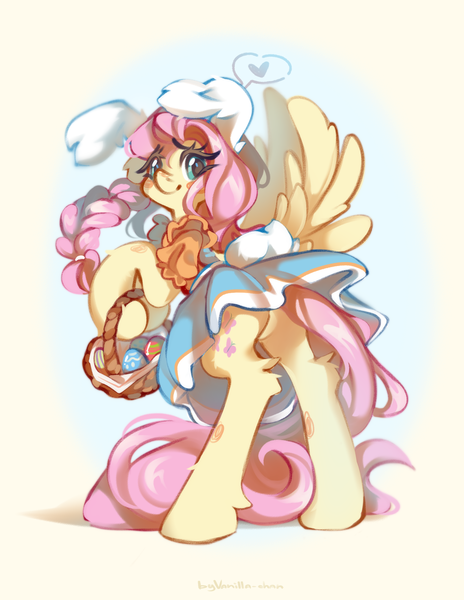 Size: 3232x4183 | Tagged: safe, artist:vanilla-chan, derpibooru import, fluttershy, pegasus, pony, abstract background, basket, blushing, braid, bunny ears, butt, clothes, dress, easter, easter basket, easter egg, female, fetlock tuft, g4, high res, holiday, image, looking at you, looking back, looking back at you, mare, plot, png, rear view, rearing, solo, spread wings, wings