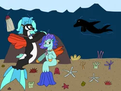 Size: 3132x2373 | Tagged: safe, artist:supahdonarudo, derpibooru import, oc, oc:icebeak, oc:sea lilly, unofficial characters only, jellyfish, seapony (g4), starfish, atg 2024, camera, hiding, ice, image, jewelry, necklace, newbie artist training grounds, ocean, png, rock, sea monster, sea urchin, silhouette, underwater, water