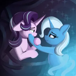 Size: 3000x3000 | Tagged: safe, artist:andelai, derpibooru import, starlight glimmer, trixie, unicorn, comforting, crying, female, hoof hold, horn, image, lesbian, looking at each other, looking at someone, png, sad, shipping, startrix