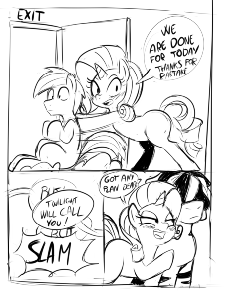 Size: 563x742 | Tagged: safe, artist:spakka5, rarity, oc, earth pony, pony, unicorn, zebra, bedroom eyes, black and white, blushing, comic, cutie mark, dialogue, door, door slam, eyebrows, female, grayscale, horn, image, male, mare, monochrome, open mouth, png, pushing, rarislut, seductive, speech bubble, stallion, straight, tail, zebradom