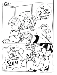 Size: 563x742 | Tagged: safe, artist:spakka5, rarity, oc, earth pony, pony, unicorn, zebra, bedroom eyes, black and white, blushing, comic, cutie mark, dialogue, door, door slam, eyebrows, female, grayscale, horn, image, male, mare, monochrome, open mouth, png, pushing, rarislut, seductive, speech bubble, stallion, straight, tail, zebradom