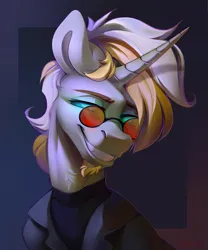 Size: 2500x3000 | Tagged: safe, artist:mithriss, derpibooru import, oc, unofficial characters only, pony, unicorn, beard, bust, clothes, facial hair, glasses, glow, glowing eyes, horn, image, jacket, looking at you, male, png, smiling, smiling at you, stallion, sweater, turtleneck