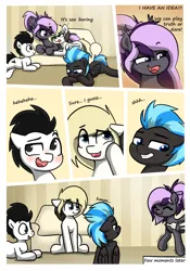 Size: 1400x2000 | Tagged: safe, artist:vipy, derpibooru import, part of a set, oc, oc:nightwalker, oc:nimbus, oc:vipy, oc:whiteout, earth pony, pegasus, pony, comic:dare after dare, blushing, comic, image, part of a series, png, simple background
