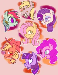 Size: 1129x1478 | Tagged: safe, artist:chipchapp, derpibooru import, applejack, derpy hooves, fluttershy, pinkie pie, rainbow dash, rarity, twilight sparkle, earth pony, pegasus, pony, unicorn, :o, applejack's hat, blue eyeshadow, blushing, cowboy hat, dot eyes, eyelashes, eyeshadow, female, g4, group, hat, head only, horn, image, jpeg, lesbian pride flag, lidded eyes, looking back, makeup, mane six, mare, no catchlights, no pupils, open mouth, open smile, outline, pink background, pride, pride flag, simple background, smiling, wavy mouth