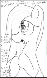 Size: 1080x1788 | Tagged: safe, artist:datte-before-dawn, ponerpics import, marble pie, earth pony, pony, dialogue, female, hair over one eye, image, jpeg, mare, monochrome, open mouth, solo