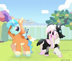 Size: 2048x1726 | Tagged: safe, artist:petaltwinkle, derpibooru import, oc, oc:petal twinkle, oc:sleepy whistles, unofficial characters only, pegasus, pony, unicorn, bingo heeler, blue coat, blue mane, blue tail, bluey, bluey heeler, blushing, clothes, colored horn, costume, day, eyelashes, female, folded wings, grass, heart, heart eyes, hoof blush, horn, image, jpeg, kigurumi, long horn, looking at each other, looking at someone, mackenzie (bluey), male, mare, nose blush, onesie, outdoors, pegasus oc, pink coat, pink eyes, plushie, raised hoof, screenshot background, show accurate, signature, smiling, smiling at each other, stallion, standing, style emulation, tail, three toned mane, three toned tail, tri-colored mane, tri-colored tail, tricolor mane, tricolor tail, tricolored mane, tricolored tail, unicorn horn, unicorn oc, wavy tail, wingding eyes, wings