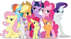 Size: 4811x2615 | Tagged: safe, artist:kuren247, artist:terrebonnerobbi, derpibooru import, apple bloom, applejack, fluttershy, pinkie pie, rainbow dash, rarity, scootaloo, sweetie belle, twilight sparkle, twilight sparkle (alicorn), alicorn, earth pony, pegasus, unicorn, female, fresh princess and friends' poses, fresh princess of friendship, g4, horn, image, mane six, png, simple background, transparent background