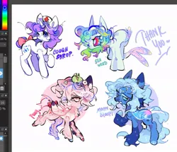 Size: 903x777 | Tagged: safe, artist:yuch42023, derpibooru import, oc, oc:cough syrup, oc:moon bloop, oc:ponny, oc:sea weed, unofficial characters only, frog, hybrid, pegasus, pony, unicorn, bent over, big eyes, black eyeshadow, blaze (coat marking), blue coat, blue eyelashes, blue eyes, blue hooves, blue mane, blue tail, blue text, bow, coat markings, colored ears, colored eartips, colored hooves, colored muzzle, colored pinnae, colored wings, colored wingtips, concave belly, eyelashes, eyeshadow, facial markings, female, fish tail, flower, flower in hair, folded wings, frown, hair accessory, hat, hooves, horn, hybrid oc, image, jelly mane, jpeg, leg fluff, lidded eyes, long mane, long tail, makeup, mane accessory, mare, medibang paint, multicolored eyes, multicolored hooves, multicolored mane, multicolored wings, nurse, nurse hat, open mouth, open smile, pegasus oc, pink bow, pink coat, pink eyes, ponytail, profile, purple mane, purple tail, rainbow eyes, raised hoof, raised leg, red bow, requested art, shiny hooves, shiny mane, simple background, smiling, snip (coat marking), socks (coat marking), sparkly legs, splotches, standing, star (coat marking), starry eyes, starry legs, starry wings, tail, tail bow, tall ears, text, thin legs, three toned mane, three toned wings, tied mane, transparent wings, tri-color mane, tri-colored mane, tricolor mane, two toned tail, unicorn horn, unicorn oc, wall of tags, white background, white coat, white tail, wingding eyes, wings