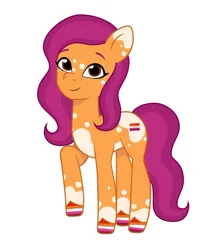 Size: 640x725 | Tagged: safe, artist:jazzhooves, derpibooru import, oc, unnamed oc, unofficial characters only, earth pony, pony, g5, my little pony: tell your tale, coat markings, colored hooves, earth pony oc, female, image, jpeg, lesbian pride flag, pinto, pride, pride flag, raised hoof, simple background, smiling, solo, white background