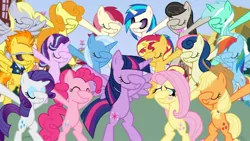 Size: 1080x607 | Tagged: safe, artist:terrebonnerobbi, derpibooru import, applejack, bon bon, carrot top, derpy hooves, fluttershy, golden harvest, lyra heartstrings, octavia melody, pinkie pie, rainbow dash, rarity, roseluck, spitfire, starlight glimmer, sunset shimmer, sweetie drops, trixie, twilight sparkle, vinyl scratch, earth pony, pegasus, unicorn, dab, female, g4, horn, image, jpeg, mane six, unicorn twilight