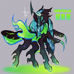 Size: 1572x1570 | Tagged: safe, artist:yuch42023, derpibooru import, queen chrysalis, changeling, changeling queen, abdomen, alternate design, black body, blue eyelashes, changeling horn, changeling wings, chinese text, colored, colored hooves, colored horn, colored sclera, colored wings, female, four eyes, gradient legs, gray background, green eyes, green hooves, green sclera, green text, horn, image, insect wings, jpeg, long horn, long mane, moon runes, multiple eyes, partially open wings, pincers, profile, shiny body, shiny hooves, shiny mane, shiny wings, simple background, smiling, sparkles, sparkly body, standing, straight mane, teal mane, text, translucent mane, two toned eyes, underbelly, wings