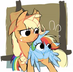 Size: 1147x1127 | Tagged: safe, artist:appledash3r_, derpibooru import, applejack, rainbow dash, earth pony, pegasus, pony, abstract background, appledash, applejack's hat, blonde mane, blonde tail, blue coat, colored, colored sketch, cowboy hat, duo, duo female, emanata, eye clipping through hair, eyelashes, female, flat colors, freckles, frown, g4, hat, image, jpeg, leaning on someone, lesbian, looking at someone, mare, multicolored hair, no catchlights, orange coat, plewds, rainbow hair, rainbow tail, raised hoof, shipping, sketch, standing, tail, wings, wings down