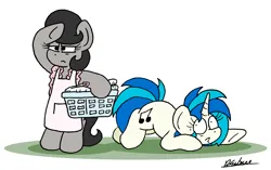 Size: 2114x1330 | Tagged: safe, artist:bobthedalek, derpibooru import, vinyl scratch, oc, oc:mixed melody, oc:octavia's mother, earth pony, pony, unicorn, apron, atg 2024, basket, bipedal, clothes, crawling, duo, duo female, female, g4, horn, image, laundry, mare, newbie artist training grounds, png, safety pin, scared, searching, sneaking, this will end in intensive mothering