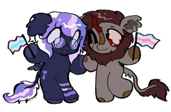 Size: 3275x2147 | Tagged: safe, artist:larvaecandy, derpibooru import, oc, oc:fluff fablewing, oc:partisan hush, unofficial characters only, kirin, pegasus, pony, commission, eye scar, facial hair, facial scar, female, glasses, holding hooves, image, kirin oc, nonbinary, pegasus oc, png, pride, pride month, scar, simple background, t4t, trans female, transfeminine, transfeminine pride flag, transgender, transmasculine, transmasculine pride flag, transparent background, wings, ych result