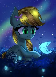 Size: 2800x3840 | Tagged: safe, artist:opal_radiance, derpibooru import, oc, oc:lucky bolt, unofficial characters only, butterfly, insect, pegasus, pony, bow, commission, hair bow, image, night, night sky, not derpy, png, sky, solo, starry eyes, stars, wingding eyes, ych result