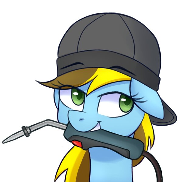 Size: 1344x1340 | Tagged: safe, artist:handgunboi, derpibooru import, oc, oc:lucky bolt, unofficial characters only, pegasus, pony, headshot commission, image, jpeg, simple background, solo, welding, welding cap, welding gun, white background