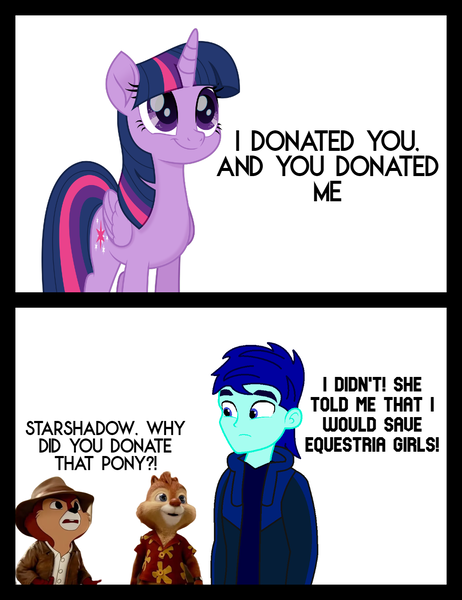 Size: 1080x1404 | Tagged: safe, artist:robertsonskywa1, derpibooru import, twilight sparkle, oc, oc:starshadow skystalker, equestria girls, my little pony: the movie, chip and dale rescue rangers, donation, g4, image, meme, photo, png, save equestria girls, simple background, smiling, spider-man: across the spider-verse, text, white background