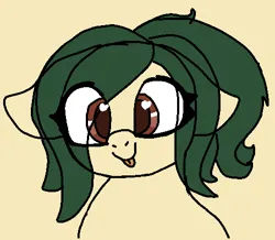 Size: 500x435 | Tagged: safe, artist:allhallowsboon, derpibooru import, oc, oc:myrtle remedy, unofficial characters only, earth pony, pony, :p, earth pony oc, eyes over hair, female, floppy ears, green mane, image, mare, png, ponytail, red eyes, simple background, solo, solo female, tongue out, wingding eyes, yellow coat