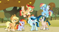 Size: 6041x3307 | Tagged: safe, artist:sapphiretwinkle, derpibooru import, applejack, rainbow dash, oc, oc:quickseed, oc:sugar rush, oc:sweet tango, oc:wildfire, pony, female, filly, foal, image, magical lesbian spawn, mare, offspring, parent:applejack, parent:rainbow dash, parents:appledash, png