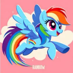 Size: 416x413 | Tagged: dead source, safe, ai content, derpibooru import, machine learning generated, rainbow dash, pegasus, g4, female, image, jpeg, low quality, open mouth, open smile, prompter:meshari7, smiling, solo, wrong cutie mark