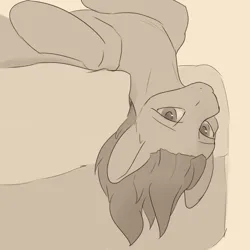 Size: 2160x2160 | Tagged: safe, artist:tenebrisnoctus, derpibooru import, earth pony, pony, atg 2024, bed, high res, image, looking at you, lying down, monochrome, newbie artist training grounds, on back, png, sepia, solo, upside down