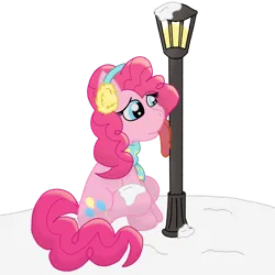 Size: 1280x1280 | Tagged: safe, artist:zeccy, derpibooru import, pinkie pie, earth pony, pony, g4, clothes, earmuffs, female, image, lamppost, mare, png, scarf, simple background, snow, solo, tongue out, transparent background