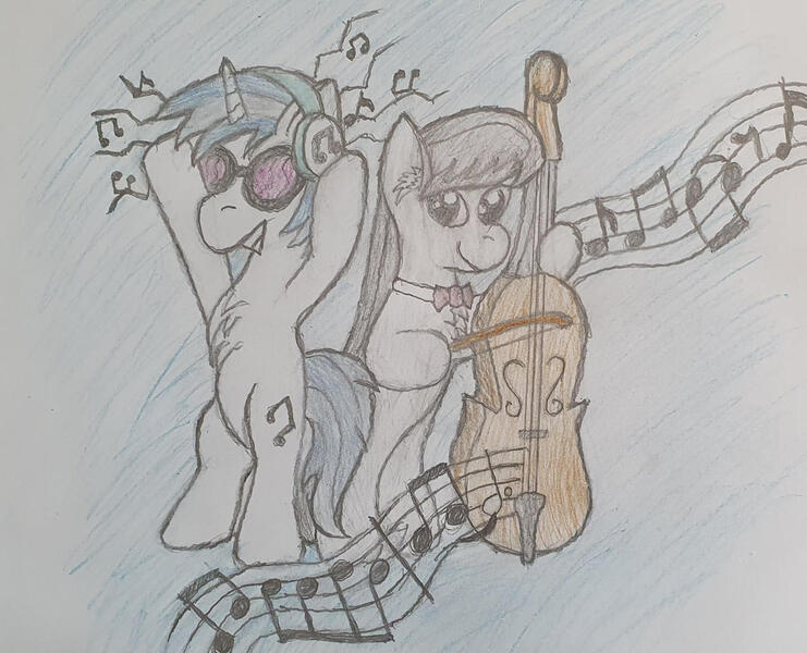 Size: 1280x1037 | Tagged: safe, derpibooru import, octavia melody, vinyl scratch, earth pony, pony, unicorn, g4, 2022, bipedal, cello, duo, female, horn, image, jpeg, mare, music notes, musical instrument, traditional art