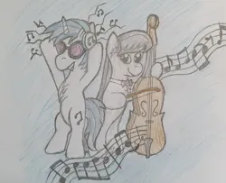 Size: 1280x1037 | Tagged: safe, derpibooru import, octavia melody, vinyl scratch, earth pony, pony, unicorn, g4, 2022, bipedal, cello, duo, female, horn, image, jpeg, mare, music notes, musical instrument, traditional art