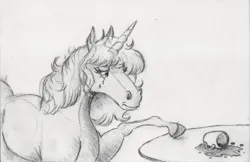 Size: 2000x1298 | Tagged: safe, artist:nedemai, derpibooru import, oc, unofficial characters only, pony, unicorn, atg 2024, coffee mug, drink, grayscale, hoers, horn, image, jpeg, monochrome, mug, newbie artist training grounds, pencil drawing, ponysona, solo, spill, spilled drink, traditional art