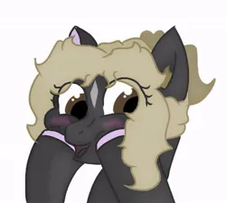 Size: 728x654 | Tagged: safe, artist:thomas.senko, derpibooru import, oc, oc:black betty, earth pony, pony, blonde, blushing, brown eyes, dark skin, ear fluff, female, happy, image, jpeg, mare, simple background, white background