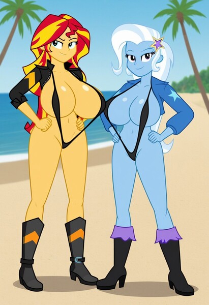 Size: 832x1216 | Tagged: questionable, ai content, machine learning generated, prompter:tiamatnightmare, sunset shimmer, trixie, human, equestria girls, beach, bikini, breasts, busty sunset shimmer, busty trixie, clothes, female, humanized, image, jacket, jpeg, leather jacket, lesbian, ocean, sand, shipping, suntrix, swimsuit