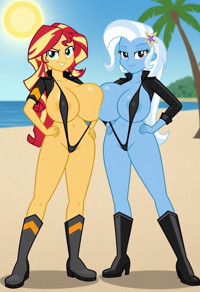 Size: 832x1216 | Tagged: questionable, ai content, machine learning generated, prompter:tiamatnightmare, sunset shimmer, trixie, human, equestria girls, beach, bikini, breasts, busty sunset shimmer, busty trixie, clothes, female, humanized, image, jacket, jpeg, leather jacket, lesbian, ocean, sand, shipping, suntrix, swimsuit