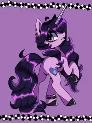 Size: 1200x1600 | Tagged: safe, artist:stacy_165cut, derpibooru import, izzy moonbow, pony, unicorn, g5, ahoge, big eyes, black eyeshadow, black hooves, black lipstick, black mane, black tail, border, bracelet, colored eyebrows, colored hooves, colored horn, colored horntip, dyed mane, dyed tail, ear piercing, earring, eye clipping through hair, eyebrows, eyebrows visible through hair, eyelashes, eyeshadow, female, frown, goth, goth izzy, hoof polish, hooves, horn, horn ring, image, jewelry, jpeg, lipstick, long horn, long mane, long tail, looking back, makeup, mare, piercing, purple background, purple coat, purple eyes, raised hoof, rear view, ring, shiny mane, shiny tail, simple background, solo, tail, unicorn horn, wavy mane, wavy tail