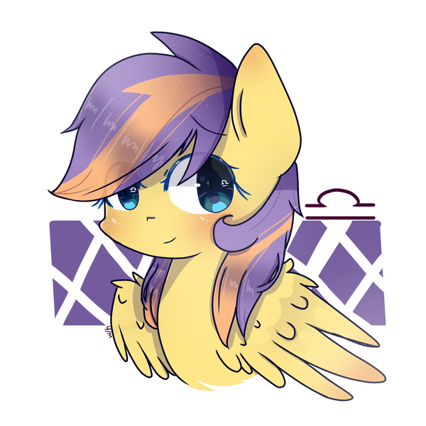 Size: 1804x1804 | Tagged: safe, artist:windymils, derpibooru import, pegasus, pony, abstract background, big eyes, blue eyelashes, blue eyes, blushing, bust, colored eyelashes, countershading, eye clipping through hair, eyebrows, eyebrows visible through hair, female, image, libra, libra (g4), looking back, mare, partially open wings, png, ponyscopes, shiny eyes, shiny mane, signature, simple background, smiling, solo, sparkly eyes, teal eyelashes, two toned mane, white background, wing fluff, wingding eyes, wings, yellow coat