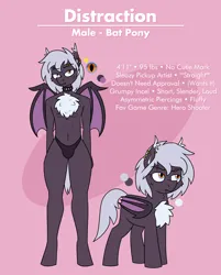 Size: 1774x2211 | Tagged: suggestive, artist:moonatik, derpibooru import, oc, oc:distraction, unofficial characters only, anthro, bat pony, pony, anthro oc, bat pony oc, bat wings, cheek fluff, chest fluff, choker, clothes, collar, crotch bulge, ear fluff, ear piercing, eyebrow piercing, heterochromia, image, lip piercing, male, piercing, png, radial heterochromia, reference sheet, simple background, slit pupils, solo, solo male, spiked choker, underwear, wings
