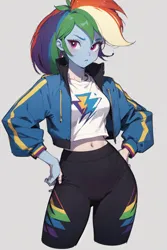 Size: 920x1376 | Tagged: safe, ai content, derpibooru import, machine learning generated, prompter:the-sanctuaire, rainbow dash, human, equestria girls, g4, belly, belly button, female, image, midriff, multicolored hair, png, rainbow hair, simple background, slender, solo, thin