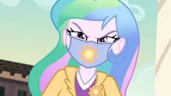Size: 7111x4000 | Tagged: safe, artist:brokenadam, derpibooru import, screencap, princess celestia, equestria girls, g4, absurd resolution, angry, blizzard or bust, brooch, canterlot high, celestia is not amused, coronavirus, covid-19, cutie mark accessory, cutie mark brooch, cutie mark on mask, equestria girls specials, face mask, female, frown, image, jewelry, looking at you, mask, my little pony equestria girls: better together, my little pony equestria girls: holidays unwrapped, png, principal celestia, solo, unamused