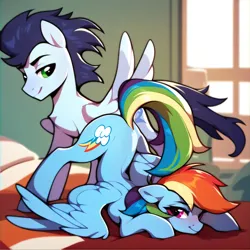 Size: 4096x4096 | Tagged: suggestive, ai content, derpibooru import, machine learning generated, prompter:*rainbow dash*, stable diffusion, rainbow dash, soarin', g4, bed, bedroom, face down ass up, female, generator:purplesmart.ai, image, imminent sex, looking back, male, png, presenting, raised tail, shipping, soarindash, spread wings, straight, tail, wings