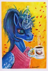 Size: 678x1000 | Tagged: safe, artist:cahandariella, derpibooru import, princess luna, alicorn, atg 2024, bathrobe, bust, clothes, image, jpeg, magic, mug, newbie artist training grounds, ponytail, red eyes, robe, sleepy, solo, telekinesis, tired, tired eyes, traditional art