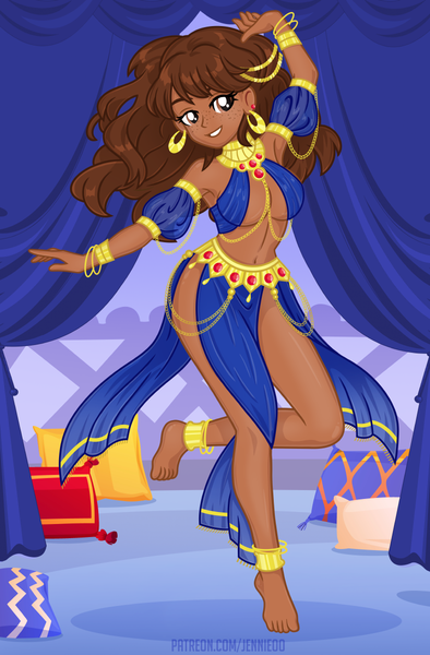 Size: 787x1200 | Tagged: suggestive, artist:jennieoo, derpibooru import, oc, oc:princess amara, unofficial characters only, human, equestria girls, g4, anklet, barefoot, belly button, belly dancer, belly dancer outfit, bocas top, bracelet, breasts, clothes, ear piercing, earring, equestria girls oc, feet, female, female oc, freckles, human oc, image, jewelry, loincloth, looking at you, midriff, necklace, piercing, png, smiling, smiling at you, solo