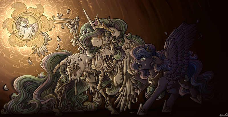 Size: 1200x618 | Tagged: semi-grimdark, artist:binibean, derpibooru import, princess celestia, princess luna, alicorn, pony, unicorn, bone, crying, dream walker luna, duo, duo male and female, female, image, jpeg, male, melting, nightmare, pink-mane celestia, race swap, redraw, royal sisters, siblings, sisters, skeleton, sun, unicorn celestia