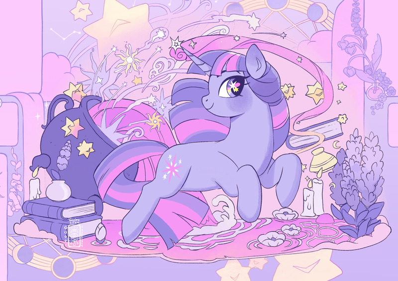 Size: 2644x1867 | Tagged: safe, artist:gorjee-art, derpibooru import, twilight sparkle, pony, unicorn, g4, book, candle, cauldron, female, flower, horn, image, looking at you, mare, png, pond, smiling, smiling at you, solo, starry eyes, surreal, unicorn twilight, water, wingding eyes