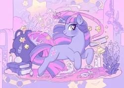 Size: 2644x1867 | Tagged: safe, artist:gorjee-art, derpibooru import, twilight sparkle, pony, unicorn, g4, book, candle, cauldron, female, flower, horn, image, looking at you, mare, png, pond, smiling, smiling at you, solo, starry eyes, surreal, unicorn twilight, water, wingding eyes