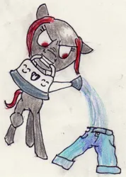 Size: 579x812 | Tagged: artist needed, safe, derpibooru import, oc, oc:zippers, unofficial characters only, earth pony, pony, angry, bald, clothes, cute, denim, female, image, jeans, jpeg, mare, pants, solo, traditional art, water, watering can