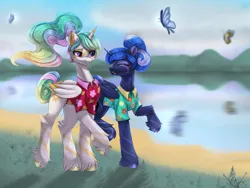 Size: 4000x3000 | Tagged: safe, artist:taiweiart, derpibooru import, princess celestia, princess luna, alicorn, butterfly, insect, pony, between dark and dawn, g4, alternate hairstyle, clothes, duo, duo female, eyes closed, female, hawaiian shirt, high res, image, mare, open mouth, open smile, png, raised hoof, raised leg, royal sisters, shirt, siblings, sisters, smiling, unshorn fetlocks, vacation, water