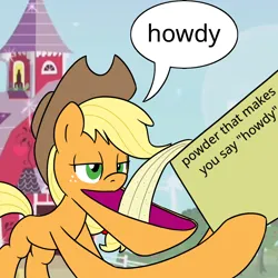 Size: 900x900 | Tagged: safe, artist:unitxxvii, derpibooru import, applejack, earth pony, pony, g4, big mouth, box, dialogue, female, hoof hold, howdy, image, mare, meme, open mouth, plastic man, png, ponified meme, powder (substance), powder that makes you say "yes", solo, speech bubble, sweet apple acres